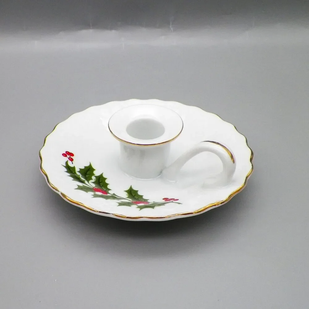 Vintage Porcelain Christmas Holly Candle Holder Finger Loop Japan